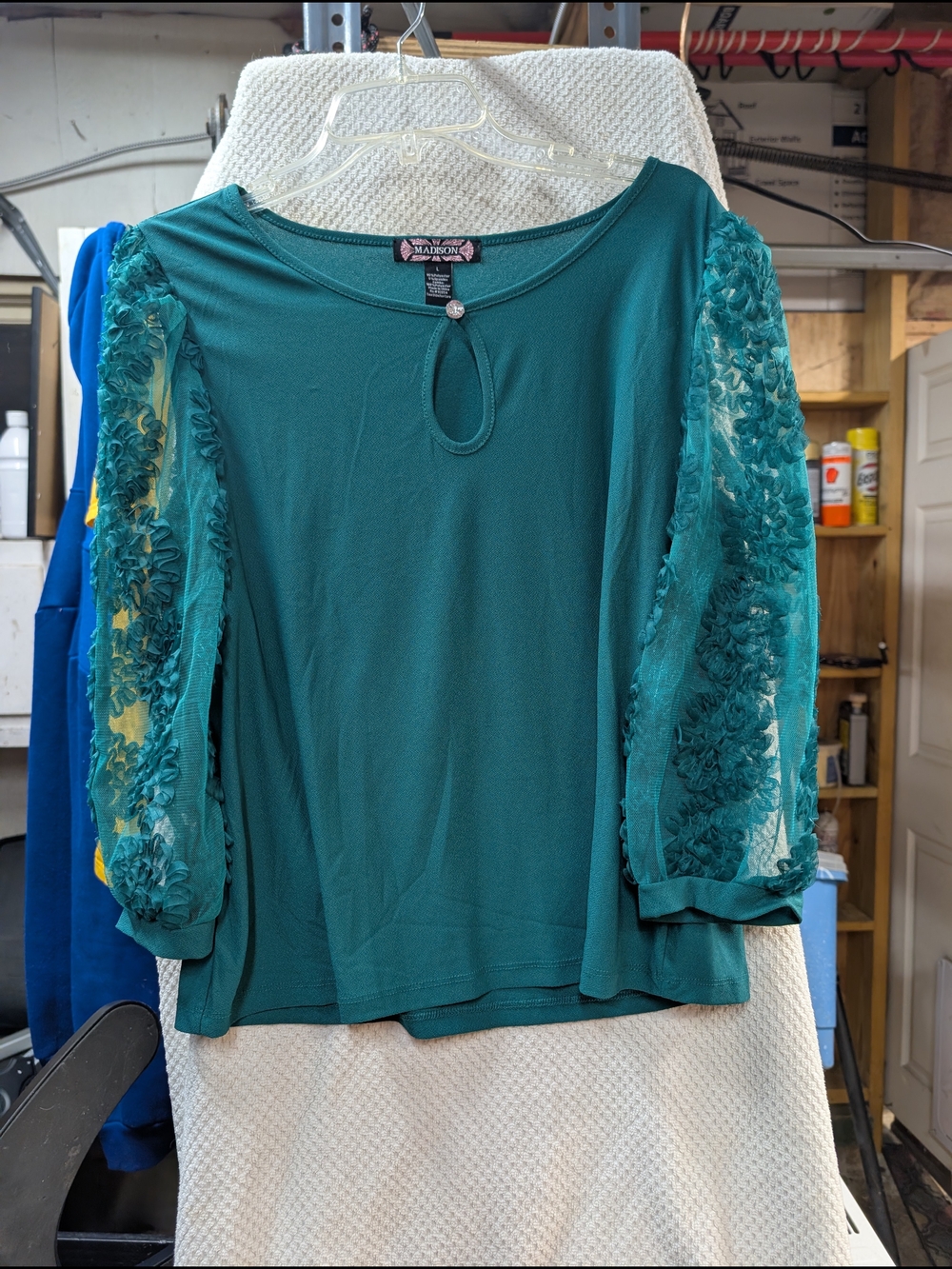 Madison Teal Long-Sleeve Top with Floral Sheer Sleeves